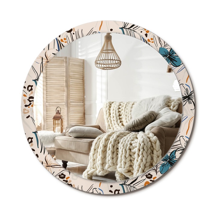 Kör Tükör Grafikai Mintával, Decormat, Dzsungelmintás Virágok, Krémszín, Ø100 cm, Előszobába És Folyosóra, 010090550130300072628