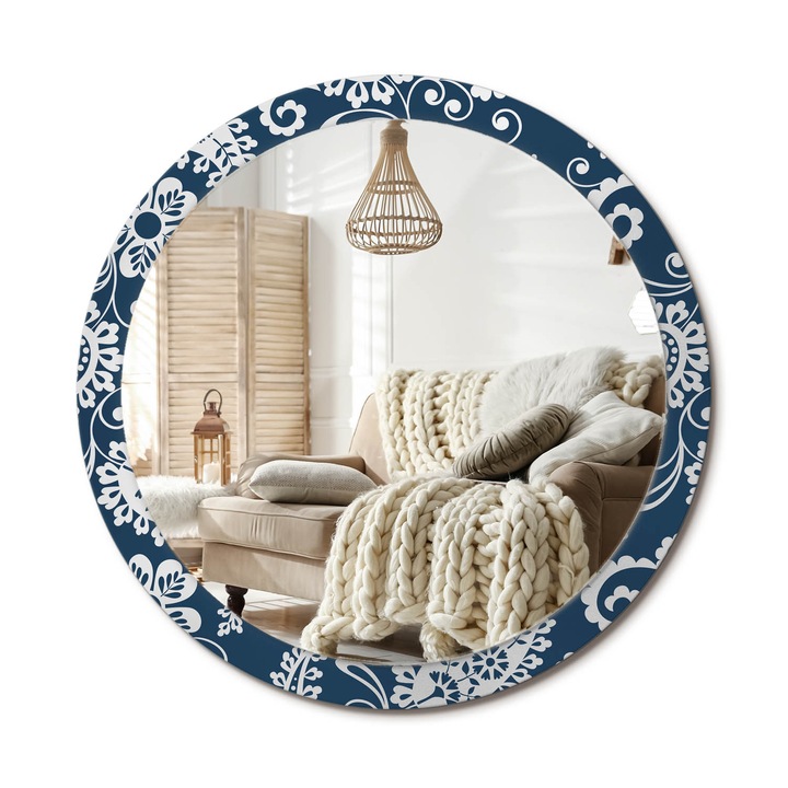 Kerek Tükör Kerettel És Nyomtatott Mintával, Decormat, Paisley Kompozíció, Kék, Ø100 cm, Beltéri Dekorációs Elem, 010090550130300072635