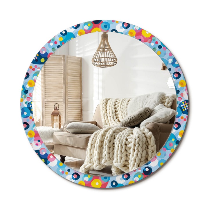 Kerek Tükör Grafikával, Decormat, Színes Körök, Kék, Ø100 cm, Sminkeléshez És Borotválkozáshoz, 010090550130300072640