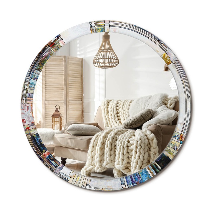 Kör Tükör Nyomtatott Mintával, Decormat, Ólomüveg, Krémszín, Ø100 cm, Fésülködőasztalhoz És Gardróbba, 010090550130300072641