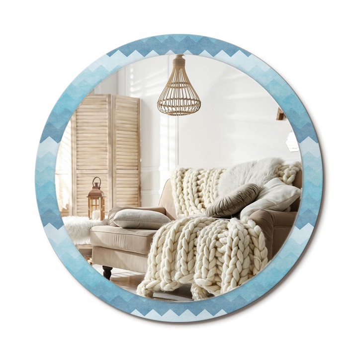 Kör Alakú Tükör Mintával, Decormat, Kék Chevron, Kék, Ø100 cm, Stílusos Fali Dekoráció, 010090550130300030039