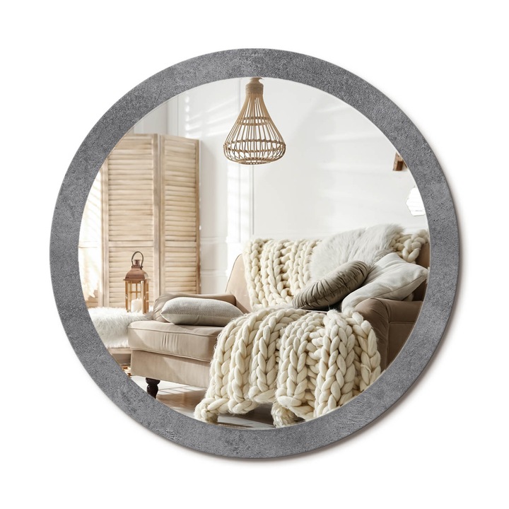 Kerek Fali Tükör Grafikával, Decormat, Beton Textúra, Szürke, Ø100 cm, Különleges Kiegészítő Szobába, 010090550130300053874