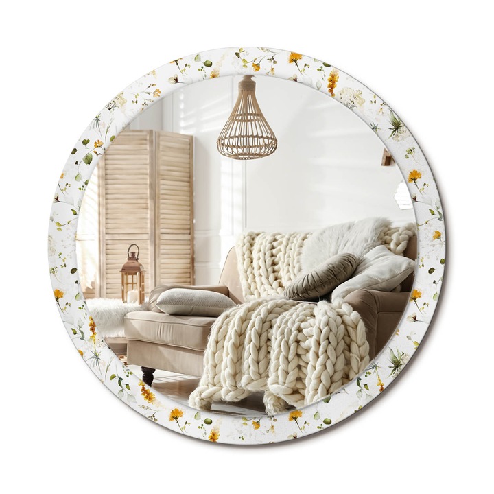 Kerek Tükör Kerettel És Nyomtatott Mintával, Decormat, Vadvirágok, Fehér, Ø100 cm, Beltéri Dekorációs Elem, 010090550130300072644