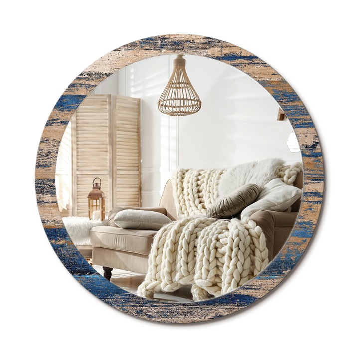 Kerek Tükör Grafikával, Decormat, Absztrakt Fa, Kék, Ø100 cm, Sminkeléshez És Borotválkozáshoz, 010090550130300053754
