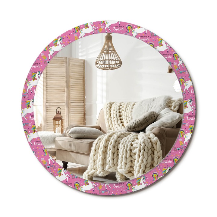 Kerek Fali Tükör Nyomtatott Mintával, Decormat, Varázslatos Unikornis, Rózsaszín, Ø100 cm, Nappali Szoba Díszítésére, 010090550130300054068