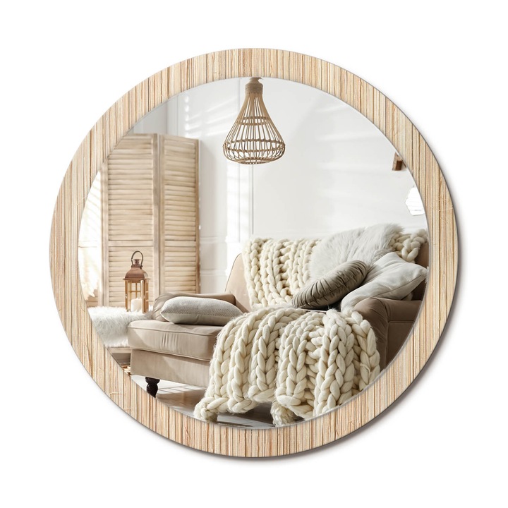 Kör Alakú Fali Tükör Nyomtatással, Decormat, Bambusz Szalma, Bézs, Ø100 cm, Lakásdíszítő Fali Tükör, 010090550130300029815
