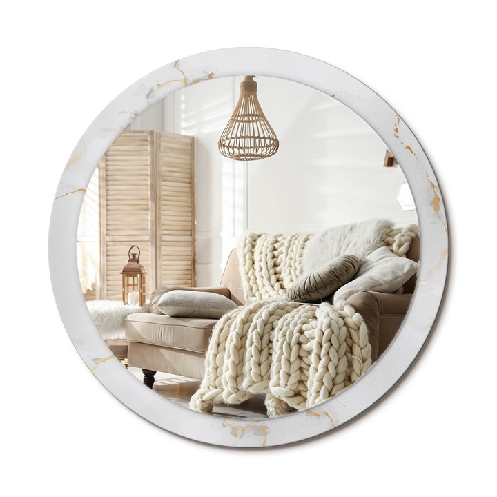 Kör Alakú Tükör Mintával, Decormat, Fehér Márvány, Fehér, Ø100 cm, Stílusos Fali Dekoráció, 010090550130300053823
