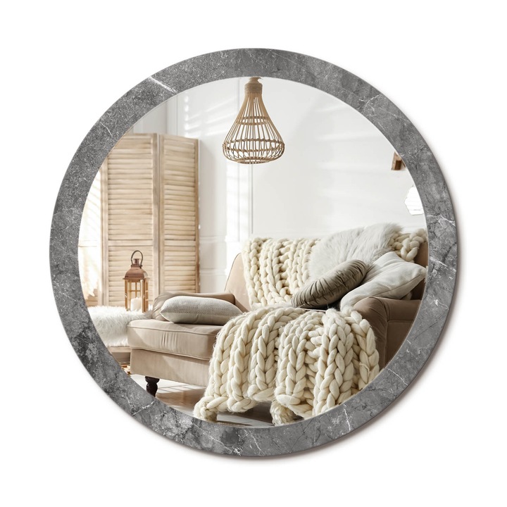Kör Alakú Fali Tükör Nyomtatással, Decormat, Rusztikus Márvány, Szürke, Ø100 cm, Lakásdíszítő Fali Tükör, 010090550130300053854