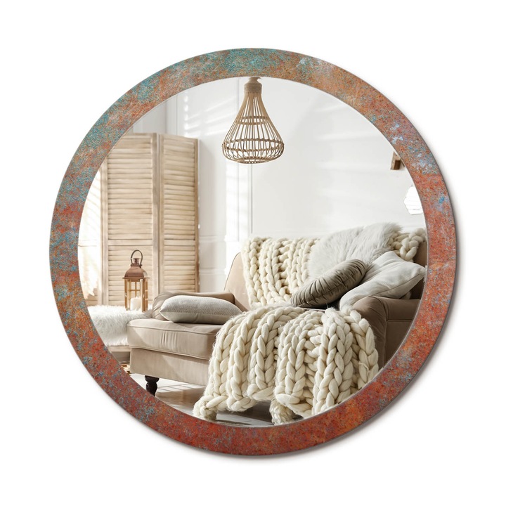 Kerek Tükör Grafikával, Decormat, Rozsdás Fém, Narancssárga, Ø100 cm, Sminkeléshez És Borotválkozáshoz, 010090550130300053925