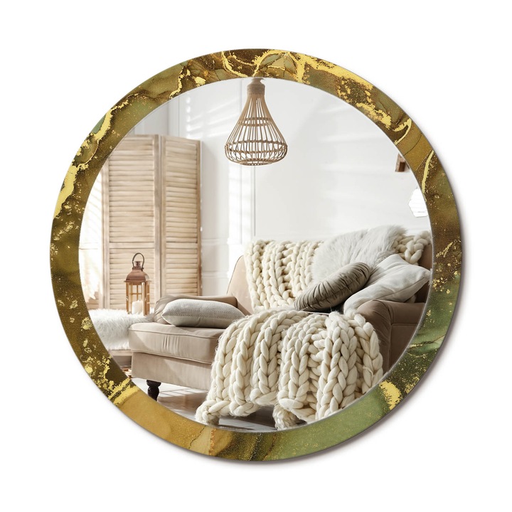 Kerek Fali Tükör Nyomtatott Mintával, Decormat, Fémes Örvények, Aranyszín, Ø100 cm, Nappali Szoba Díszítésére, 010090550130300053828