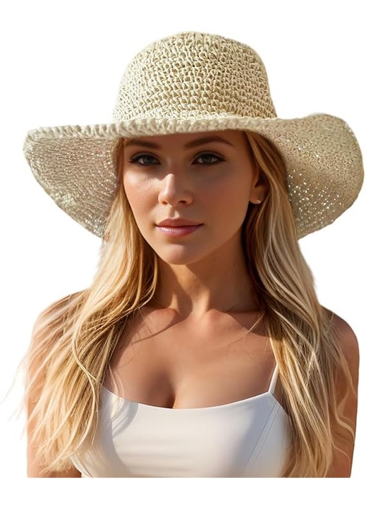 Palarie Dama, YSBER®, Femei Caciula de Soare pentru Plaja, din Paie, Marime 56-60 cm, Protectie UV, Potrivit pentru plaja, vacante si drumetii in aer liber, Bej