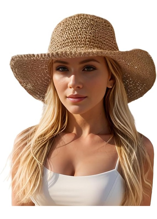 Palarie Dama, YSBER®, Femei Caciula de Soare pentru Plaja, din Paie, Marime 56-60 cm, Protectie UV, Potrivit pentru plaja, vacante si drumetii in aer liber, Kaki