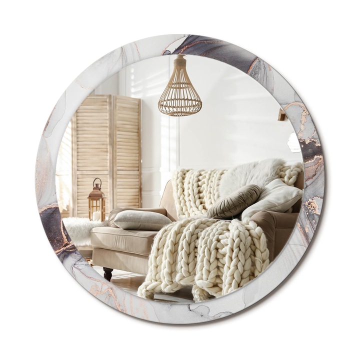Kerek Fali Tükör Nyomtatott Mintával, Decormat, Absztrakt Márvány, Fehér, Ø100 cm, Nappali Szoba Díszítésére, 010090550130300053837