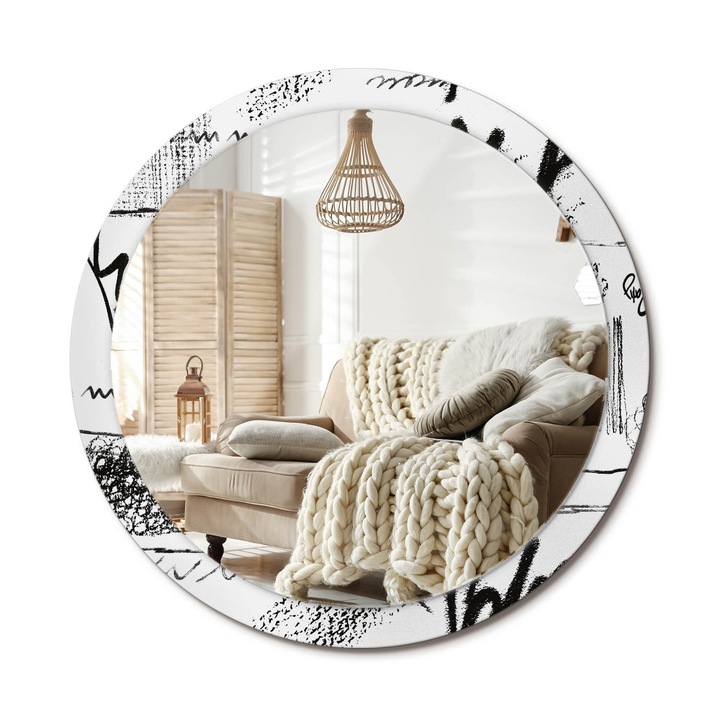 Kör Tükör Nyomtatott Mintával, Decormat, Graffiti Minta, Fekete és fehér, Ø100 cm, Fésülködőasztalhoz És Gardróbba, 010090550130300054092