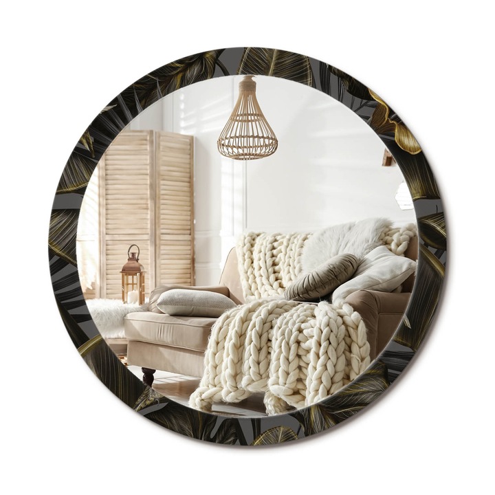 Kerek Tükör Kerettel És Nyomtatott Mintával, Decormat, Hibiszkusz Virágok, Fekete, Ø100 cm, Beltéri Dekorációs Elem, 010090550130300053999