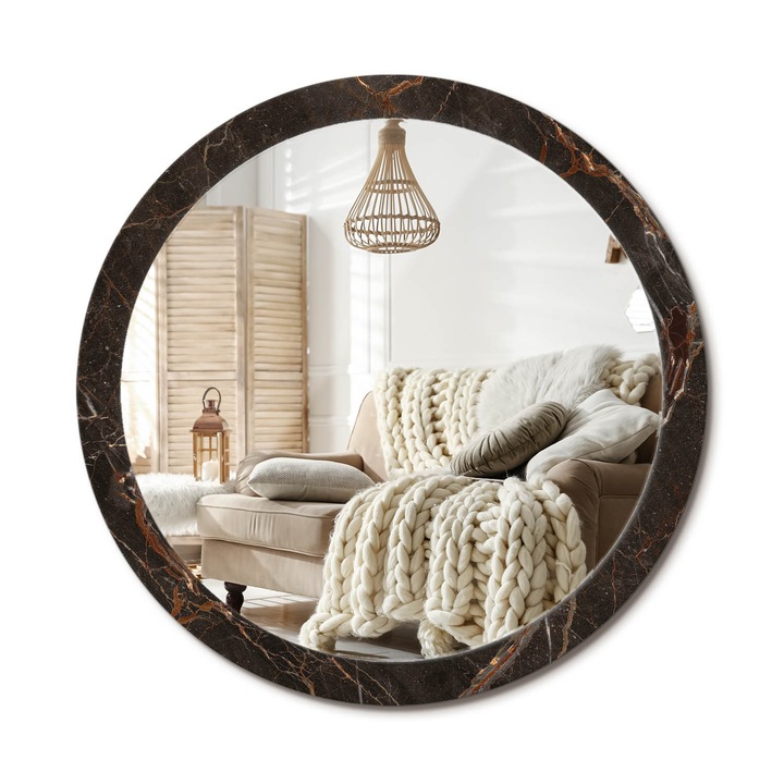Kerek Tükör Nyomtatással, Decormat, Barna Márvány, Fekete, Ø100 cm, Nappaliba És Szobába, 010090550130300053835