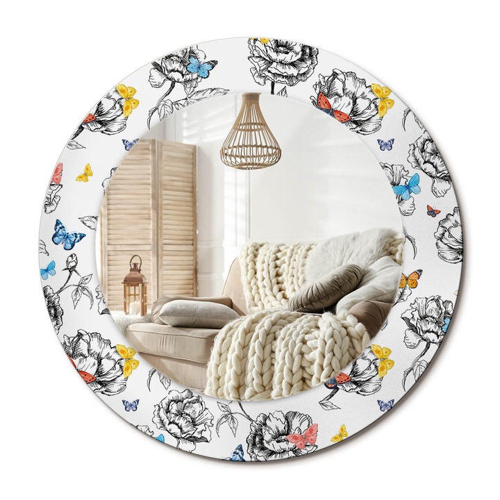 Kerek Tükör Grafikával, Decormat, Színes Pillangók, Többszínű, Ø50 cm, Sminkeléshez És Borotválkozáshoz, 010090550080300011890
