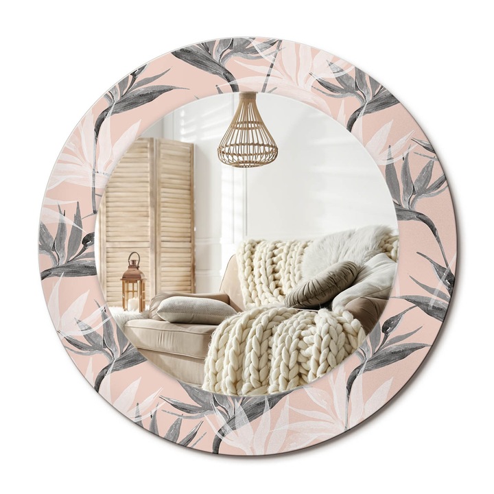 Kerek Fali Tükör Grafikával, Decormat, Strelitzia, Többszínű, Ø50 cm, Különleges Kiegészítő Szobába, 010090550080300013308