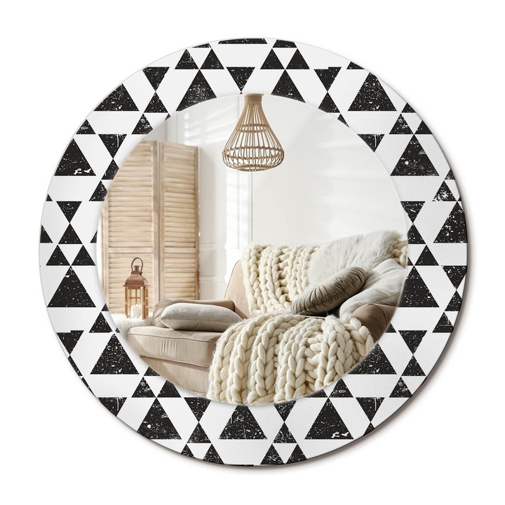 Kerek Tükör Grafikával, Decormat, Háromszögek Geometriája, Fekete és fehér, Ø50 cm, Sminkeléshez És Borotválkozáshoz, 010090550080300011799