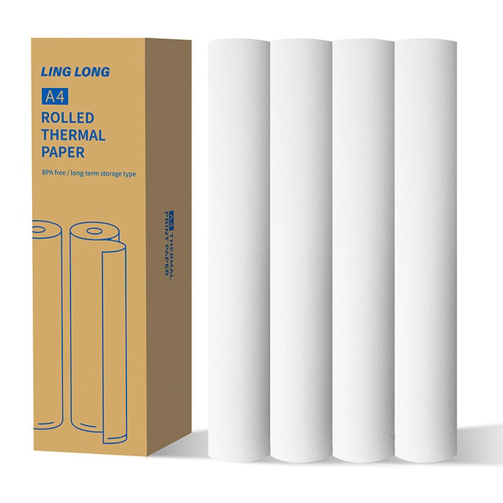 Set 4 role hartie termica A4 Premium pentru imprimante termice, 210 mm x 30 mm x 8 m, fara BPA, 3 straturi, tiparire fara cerneala