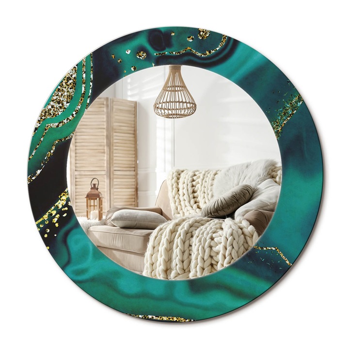 Kerek Tükör Nyomtatással, Decormat, Smaragd Márvány, Aranyszín, Ø50 cm, Nappaliba És Szobába, 010090550080300020893