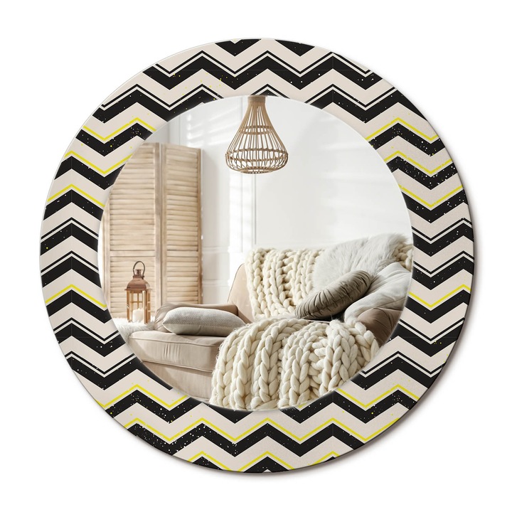 Kerek Tükör Grafikával, Decormat, Cikcakk Minta, Krémszín, Ø50 cm, Sminkeléshez És Borotválkozáshoz, 010090550080300072570
