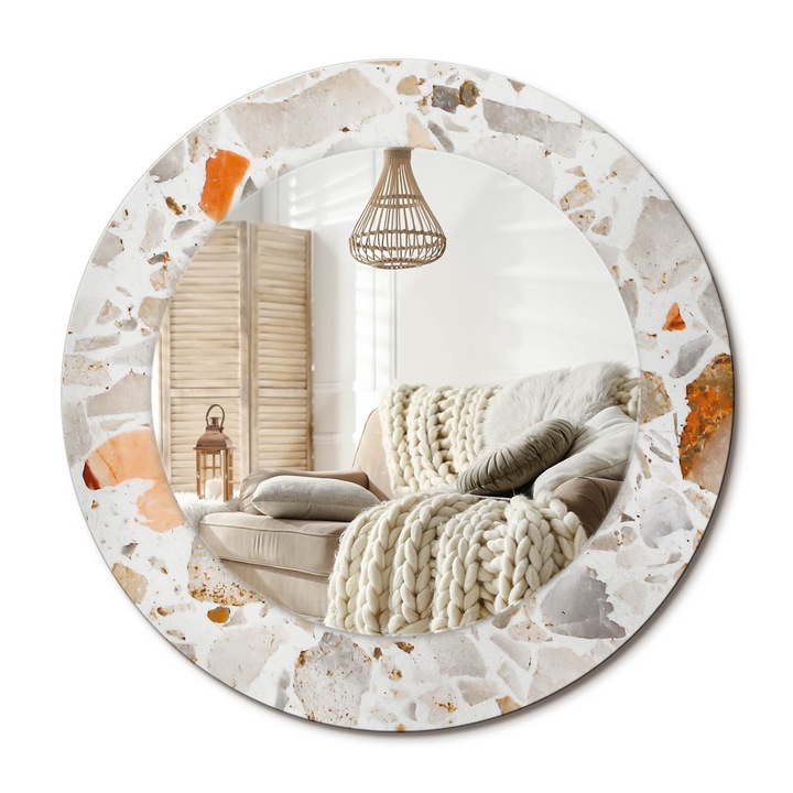 Kör Tükör Nyomtatott Mintával, Decormat, Terrazzo Stílus, Fehér, Ø50 cm, Fésülködőasztalhoz És Gardróbba, 010090550080300072588