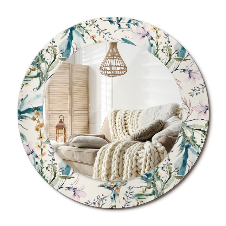 Kerek Tükör Nyomtatással, Decormat, Akvarell Virágok, Krémszín, Ø50 cm, Nappaliba És Szobába, 010090550080300072595