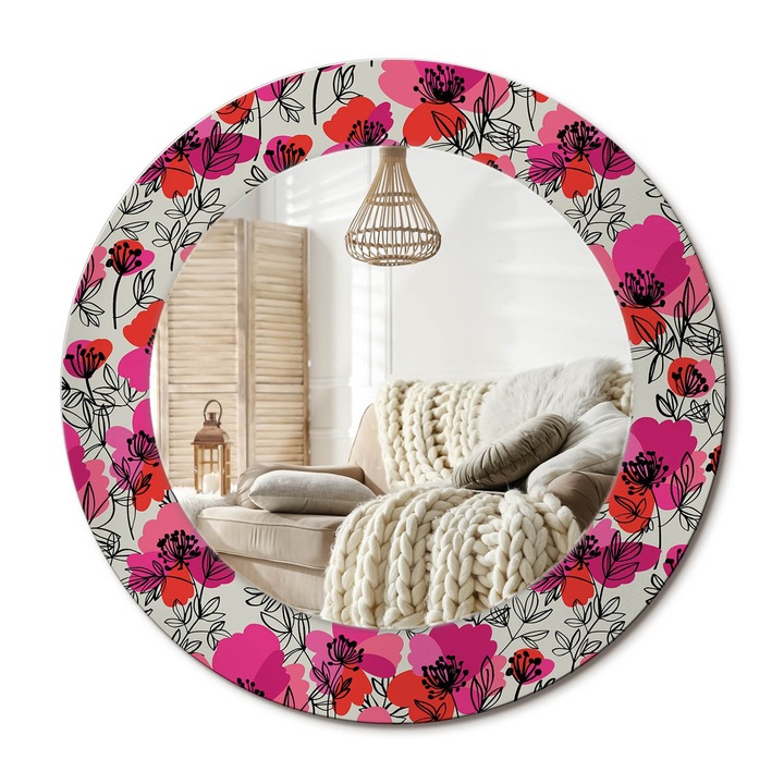 Kerek Fali Tükör Nyomtatott Mintával, Decormat, Rózsaszín Pipacsok, Piros, Ø50 cm, Nappali Szoba Díszítésére, 010090550080300072620