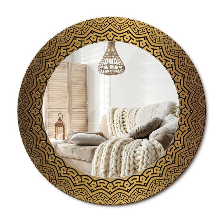 Kerek Tükör Kerettel És Nyomtatott Mintával, Decormat, Görög Dísz, Aranyszín, Ø50 cm, Beltéri Dekorációs Elem, 010090550080300072626