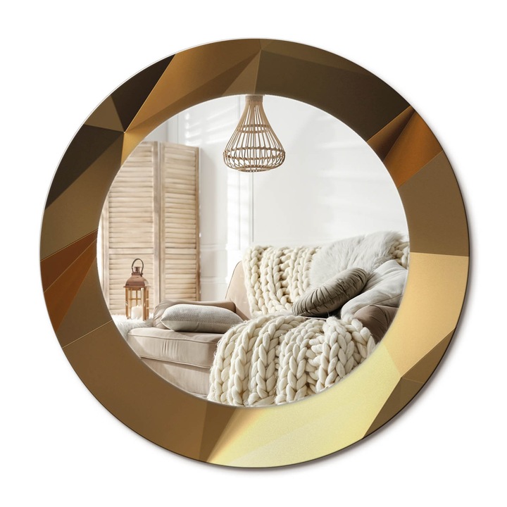 Kör Alakú Fali Tükör Nyomtatással, Decormat, Geometrikus Minta, Aranyszín, Ø50 cm, Lakásdíszítő Fali Tükör, 010090550080300030950
