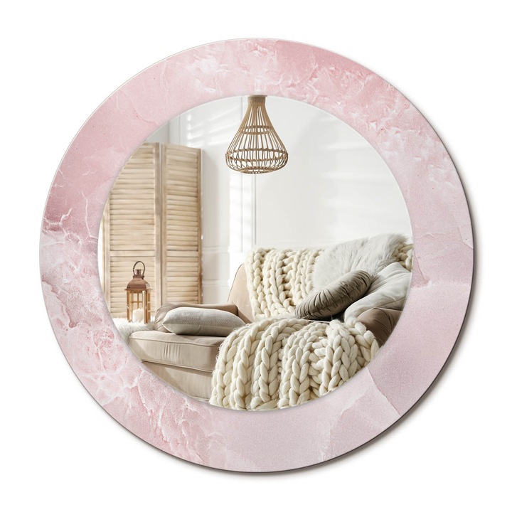Kerek Tükör Kerettel És Nyomtatott Mintával, Decormat, Rózsaszín Kő, Rózsaszín, Ø50 cm, Beltéri Dekorációs Elem, 010090550080300053839