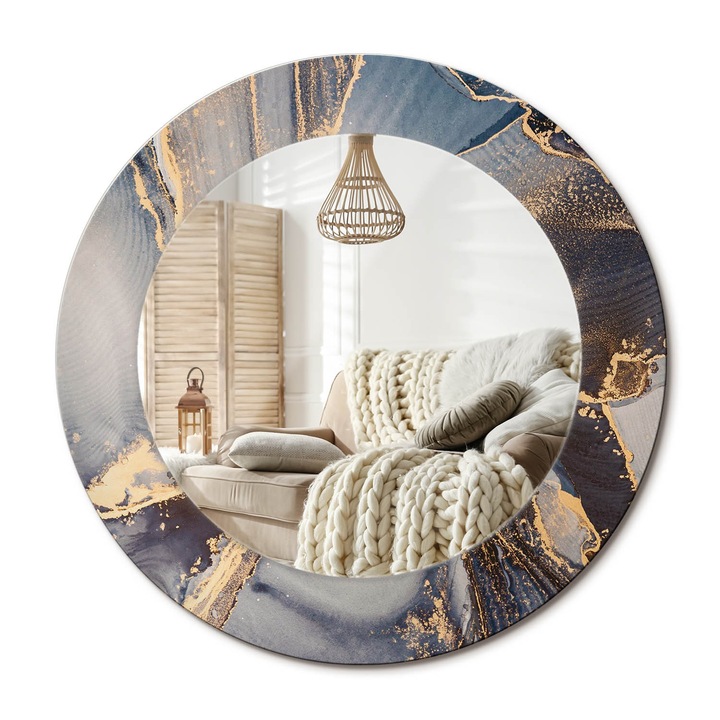 Kör Alakú Tükör Mintával, Decormat, Absztrakt Festékek, Aranyszín, Ø50 cm, Stílusos Fali Dekoráció, 010090550080300053836