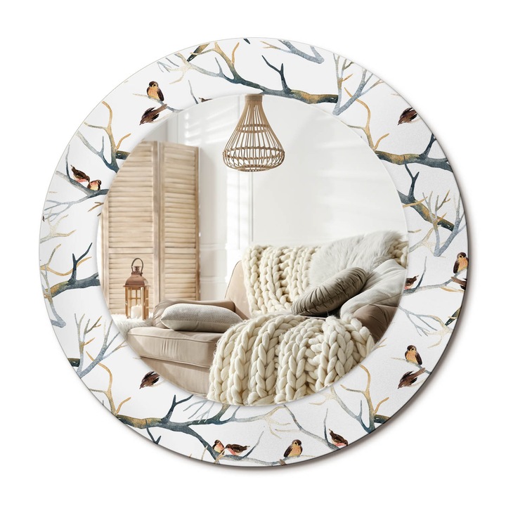 Kör Alakú Tükör Mintával, Decormat, Veréb Madarak Ágak, Fehér, Ø50 cm, Stílusos Fali Dekoráció, 010090550080300029445
