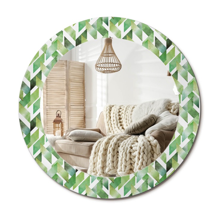 Kör Alakú Tükör Mintával, Decormat, Halszálkás, Zöld, Ø60 cm, Stílusos Fali Dekoráció,, 010090550090300011575