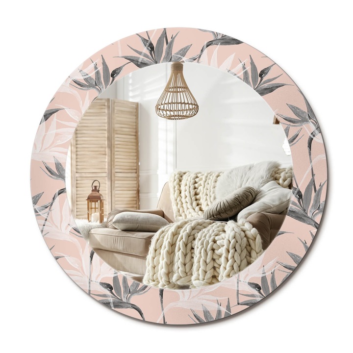 Kerek Fali Tükör Grafikával, Decormat, Strelitzia, Többszínű, Ø60 cm, Különleges Kiegészítő Szobába,, 010090550090300013308