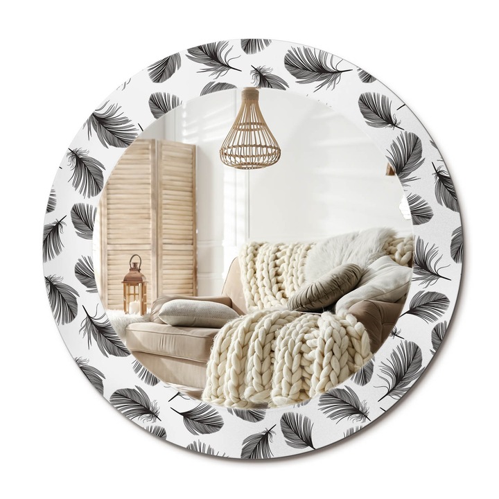 Kerek Tükör Grafikával, Decormat, Tollak, Fekete és fehér, Ø60 cm, Sminkeléshez És Borotválkozáshoz,, 010090550090300012787