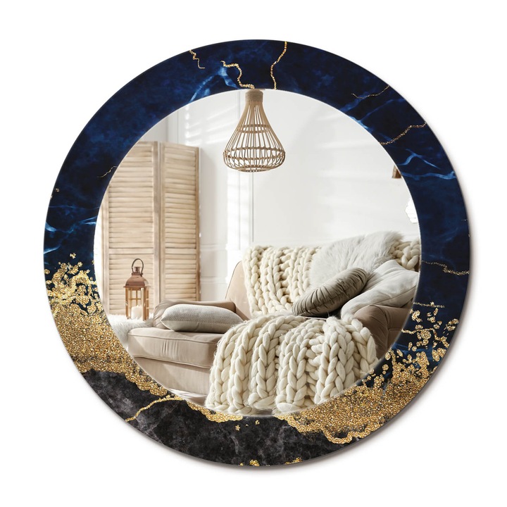 Kör Tükör Grafikai Mintával, Decormat, Kék Márvány, Aranyszín, Ø60 cm, Előszobába És Folyosóra,, 010090550090300020923