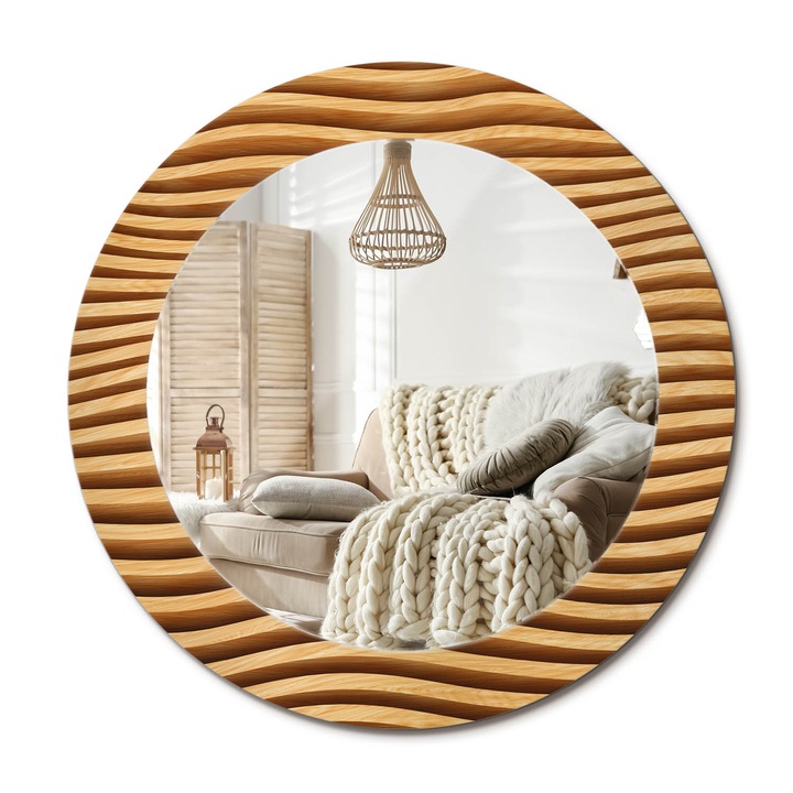 Kerek Fali Tükör Grafikával, Decormat, Fa Hullám, Sárga, Ø60 cm, Különleges Kiegészítő Szobába, 010090550090300053759