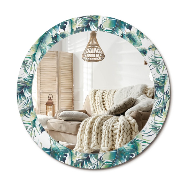 Kerek Tükör Nyomtatással, Decormat, Levelek, Zöld, Ø70 cm, Nappaliba És Szobába,, 010090550100300011585