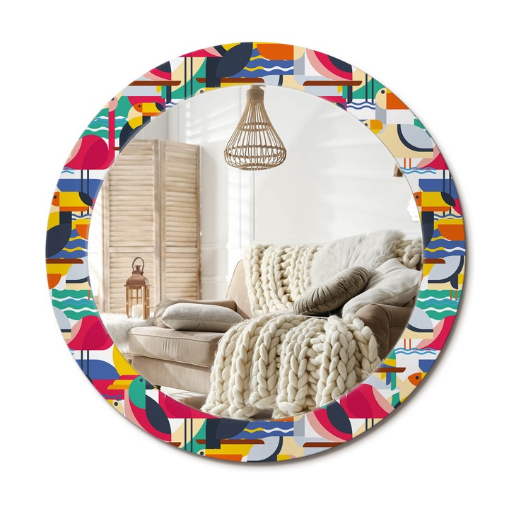 Kör Alakú Fali Tükör Nyomtatással, Decormat, Geometrikus Trópusi Madarak, Többszínű, Ø70 cm, Lakásdíszítő Fali Tükör,, 010090550100300072566