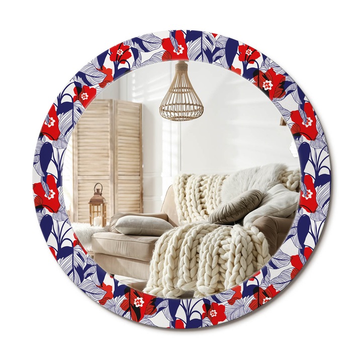 Kör Alakú Tükör Mintával, Decormat, Filodendronok, Tengerészkék, Ø70 cm, Stílusos Fali Dekoráció,, 010090550100300072589