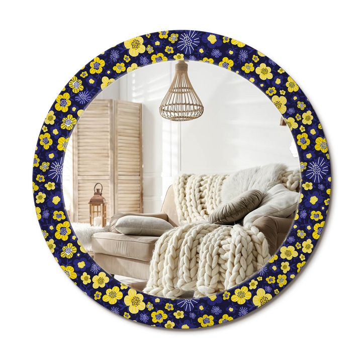 Kerek Tükör Nyomtatással, Decormat, Kis Virágok, Sárga, Ø70 cm, Nappaliba És Szobába, 010090550100300072604