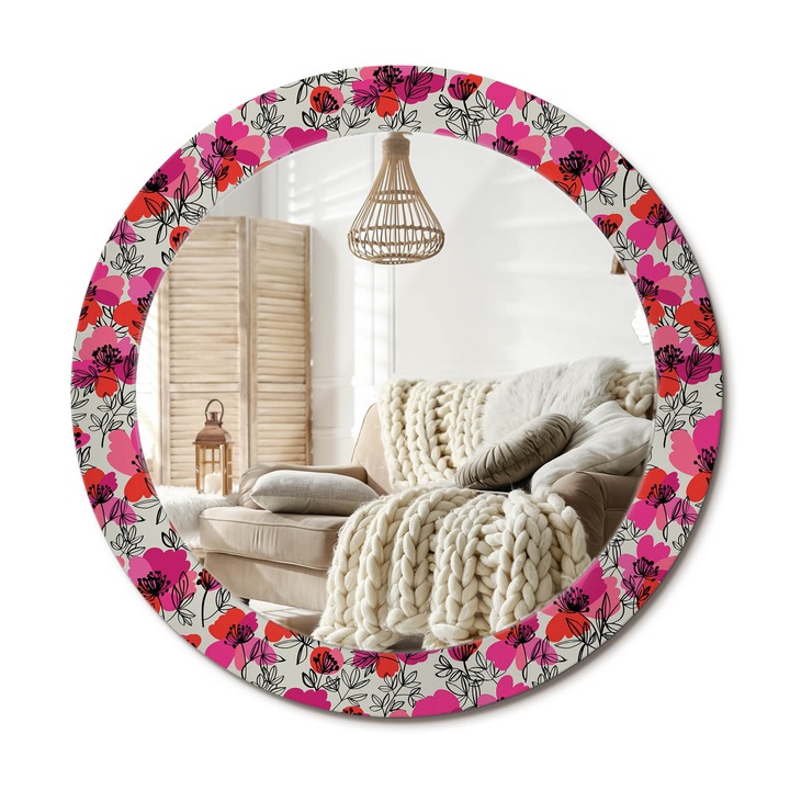 Kerek Fali Tükör Nyomtatott Mintával, Decormat, Rózsaszín Pipacsok, Piros, Ø70 cm, Nappali Szoba Díszítésére,, 010090550100300072620
