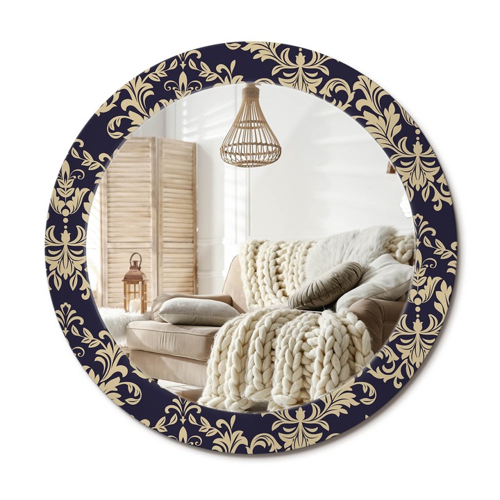 Kör Tükör Nyomtatott Mintával, Decormat, Virágminta, Fekete, Ø70 cm, Fésülködőasztalhoz És Gardróbba,, 010090550100300053973