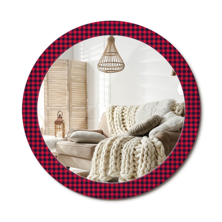 Kerek Tükör Nyomtatással, Decormat, Piros Kockás, Piros, Ø80 cm, Nappaliba És Szobába, 010090550110300072578