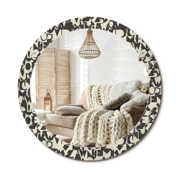 Kerek Tükör Kerettel És Nyomtatott Mintával, Decormat, Levelek, Krémszín, Ø80 cm, Beltéri Dekorációs Elem, 010090550110300072574