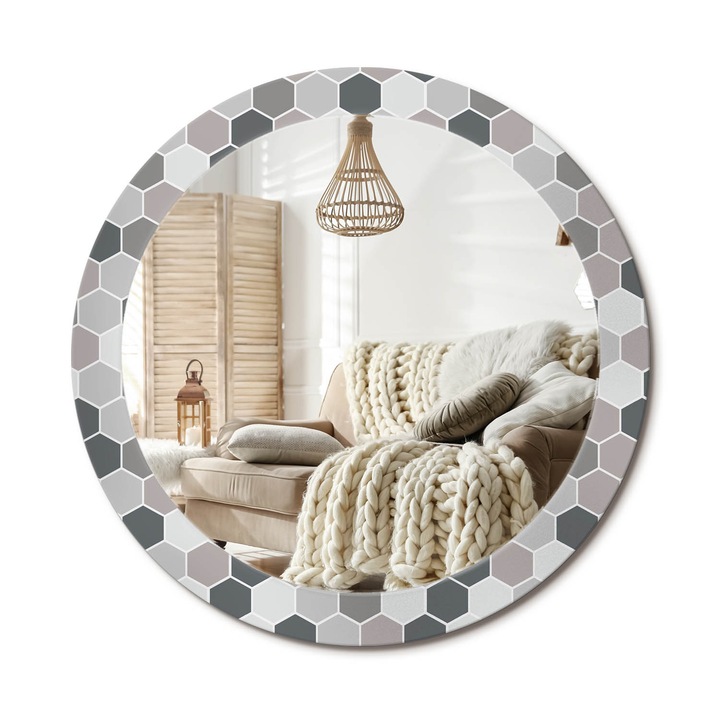 Kerek Fali Tükör Grafikával, Decormat, Hatszögletű Minta, Szürke, Ø80 cm, Különleges Kiegészítő Szobába, 010090550110300020825