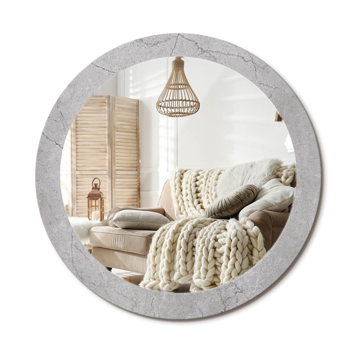 Kör Alakú Tükör Mintával, Decormat, Szürke Cement, Szürke, Ø80 cm, Stílusos Fali Dekoráció, 010090550110300020886