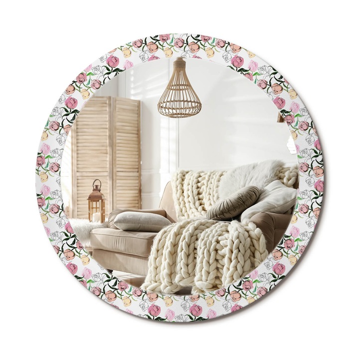 Kör Tükör Grafikai Mintával, Decormat, Bazsarózsa Rügyek, Többszínű, Ø80 cm, Előszobába És Folyosóra, 010090550110300010843